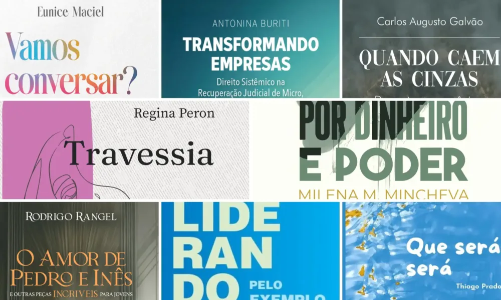 8 capas de livros nacionais de destaque da Bienal do Livro Rio 2025: "vamos conversar?", "transformando empresas", "quando caem as cinzas", "travessia", "por dinheiro e poder", "o amor de pedro e inês", "liderando pelo exemplo", "que será, será".