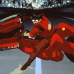 Cena da moto em "Akira", com Kaneda dando drift com sua moto vermelha.