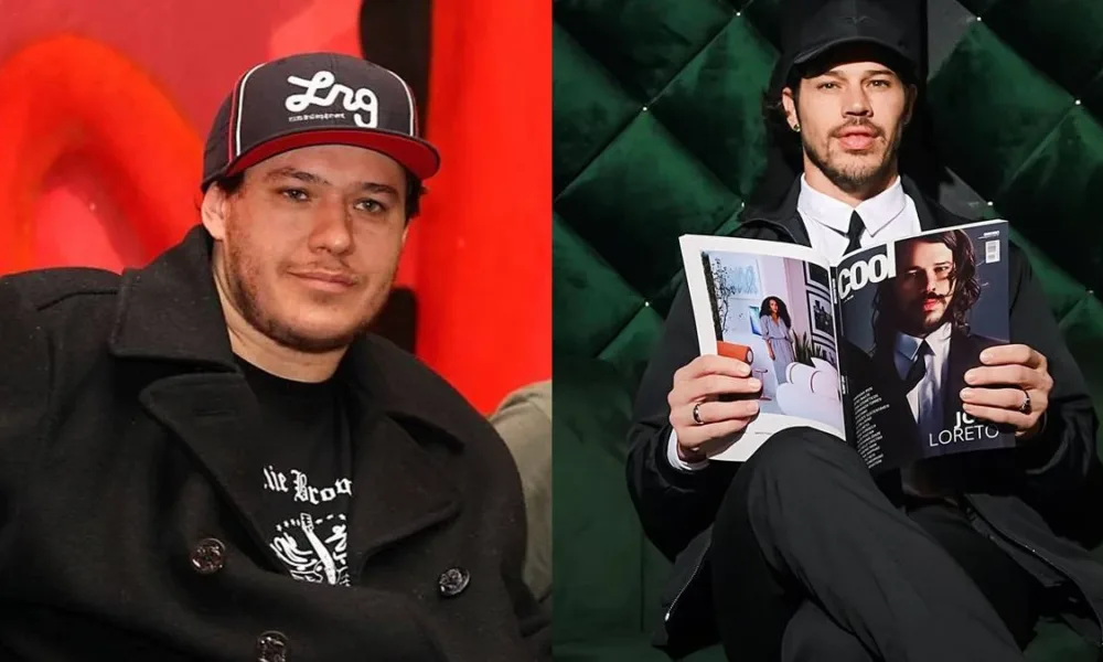 Colagem com duas fotos: Chorão, à esquerda, de boné, camiseta preta do Charlie Brown Jr. e sobretudo, e à direita José Loreto, sentado posando com a revista que foi capa aberta. Ator interpretará o músico em adaptação cinematográfica de biografia.