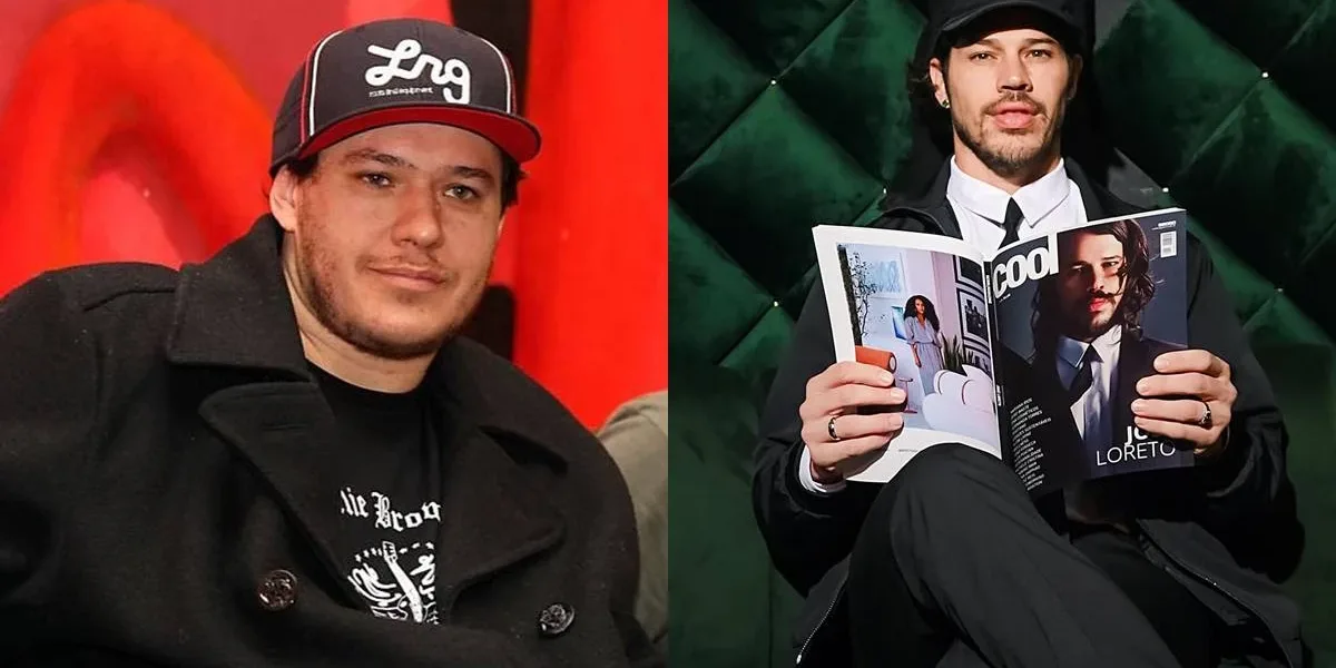 Colagem com duas fotos: Chorão, à esquerda, de boné, camiseta preta do Charlie Brown Jr. e sobretudo, e à direita José Loreto, sentado posando com a revista que foi capa aberta. Ator interpretará o músico em adaptação cinematográfica de biografia.