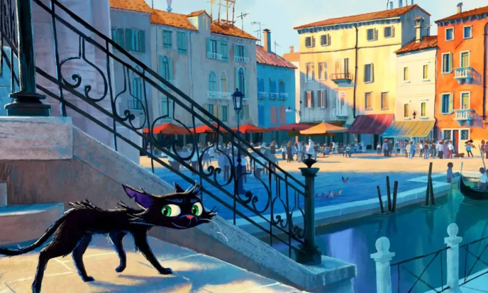 Primeira imagem da animação "Gatto" (2027), da Pixar. Um gato preto caminha por Veneza. Estilo de animação tradicional, parece uma aquarela,.