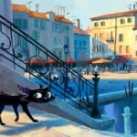 Primeira imagem da animação "Gatto" (2027), da Pixar. Um gato preto caminha por Veneza. Estilo de animação tradicional, parece uma aquarela,.
