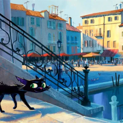 Gatto | Pixar Anuncia Novo Filme Que Mistura Animação 2D e CGI Primeira imagem da animação "Gatto" (2027), da Pixar. Um gato preto caminha por Veneza. Estilo de animação tradicional, parece uma aquarela,.