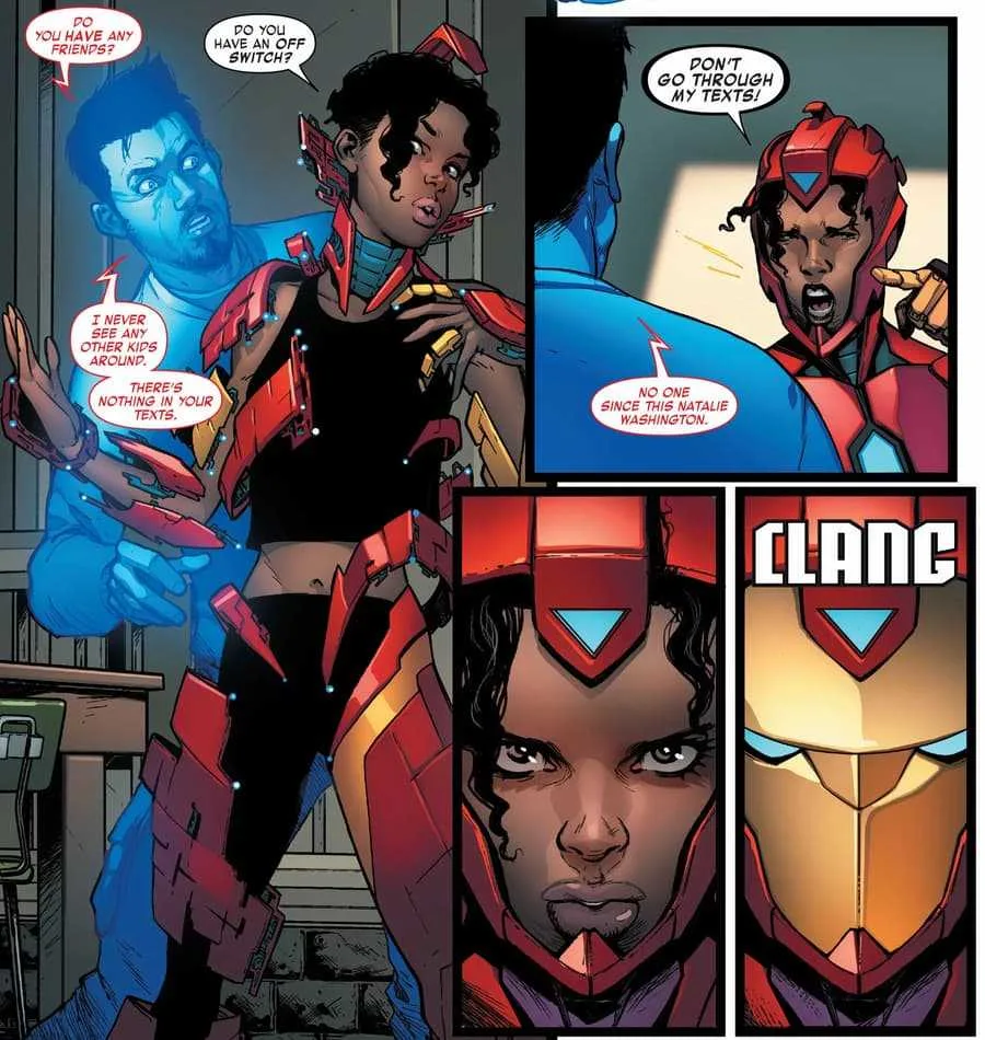 Coração de Ferro | Quem é Riri Williams? Conheça Origem da Heroína nas HQs 3 Riri Williams vestida com as vestes do Homem de Ferro, tornando-se a Coração de Ferro.