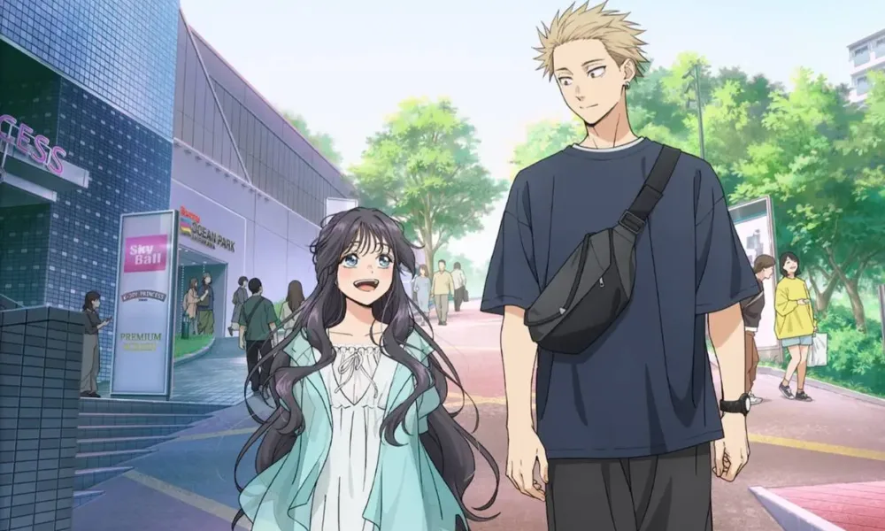 Protagonistas de "Kaoru Hana wa Rin to Saku", ou "The Fragrant Flowers Bloom with Dignity" caminhando na rua, um olhando para o outro, sorrindo.