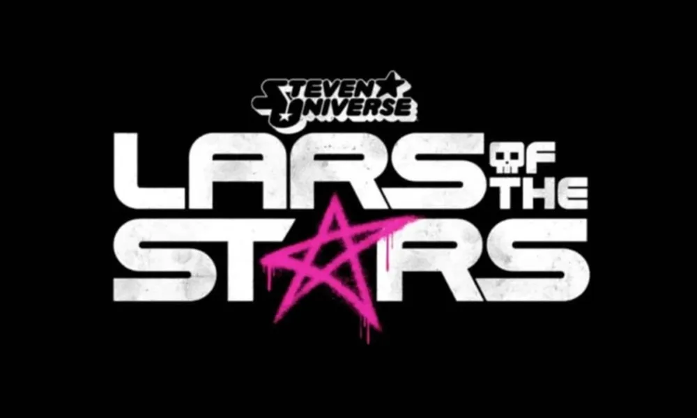 Logo, em fundo preto, de "Lars of the Stars", spin-off de Steven Universe. A letra "A" de "Stars" é feita com uma estrela em forma de pentagrama estilizada como se fosse escrita com tinta spray.