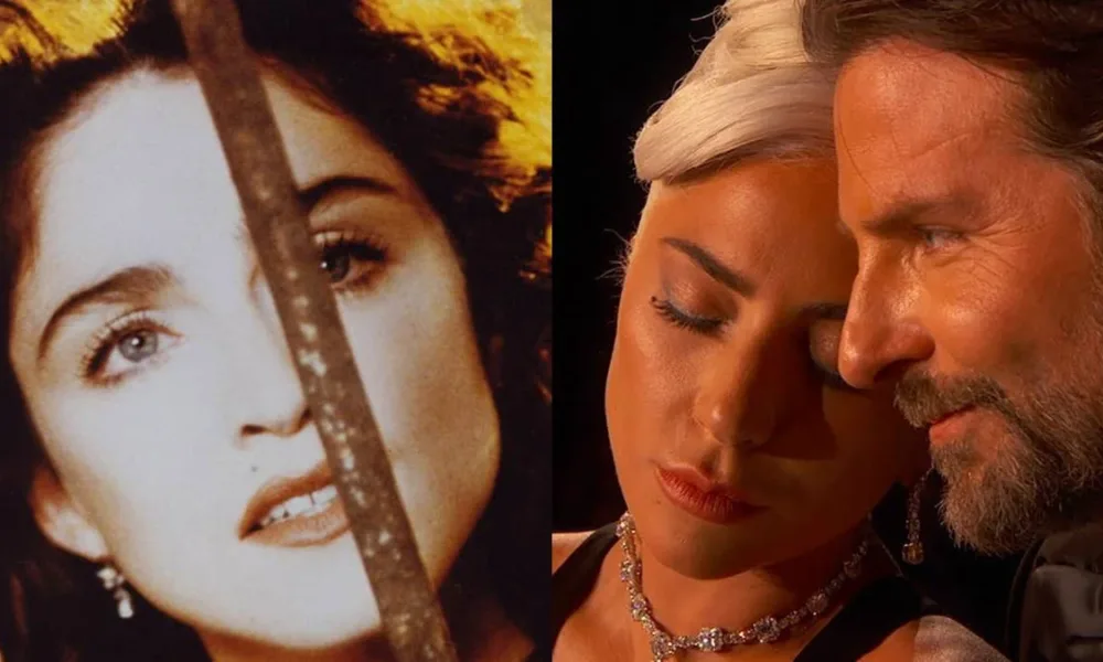 Colagem com capas de dois videoclipes, à esquerda Madonna em "Like a Prayer" e a direita Lady Gaga e Bradley Cooper com rostos colados tocando piano em "Shallow".