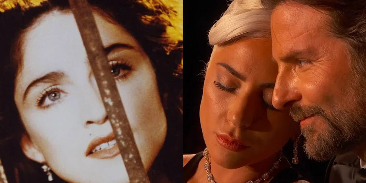Colagem com capas de dois videoclipes, à esquerda Madonna em "Like a Prayer" e a direita Lady Gaga e Bradley Cooper com rostos colados tocando piano em "Shallow".
