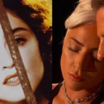 Colagem com capas de dois videoclipes, à esquerda Madonna em "Like a Prayer" e a direita Lady Gaga e Bradley Cooper com rostos colados tocando piano em "Shallow".