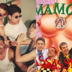 Colagem à esquerda com foto dos Mamonas Assassinas em bastidores posando para foto descontraída, e à direita com foto de seu único álbum de estúdio.