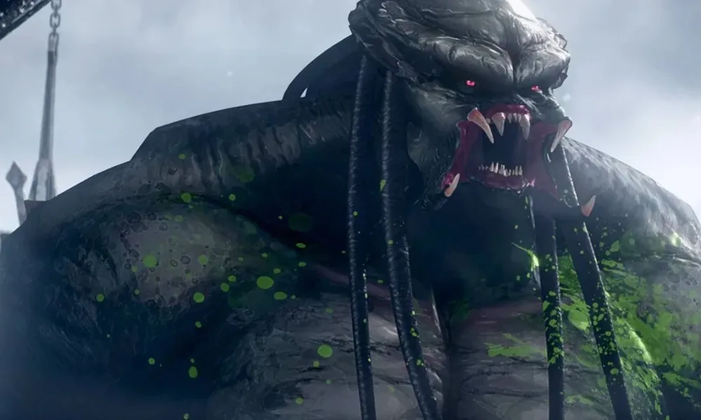 Trailer de "Predador: Assassino de Assassinos" com um predador gigante em animação.