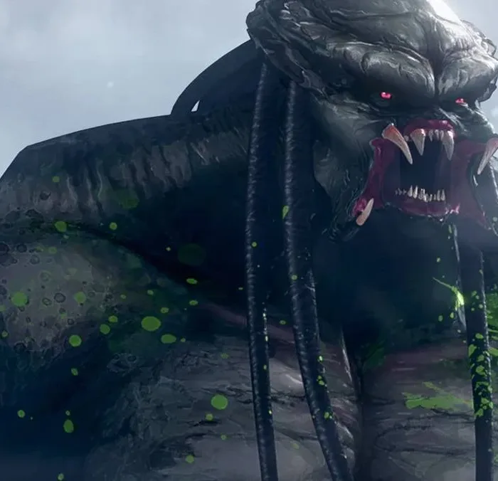 Trailer de "Predador: Assassino de Assassinos" com um predador gigante em animação.