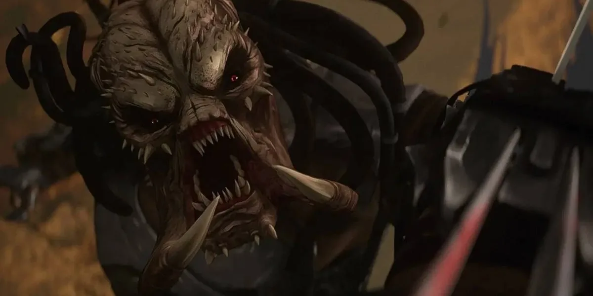 Predador na animação "Predador: Assassino de Assassinos", olhando para a câmera ameaçadoramente.