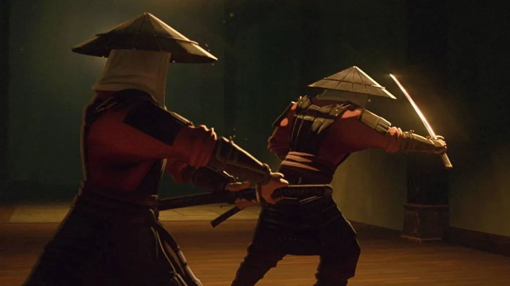 Predador - Assassino dos Assassinos | A Volta da Franquia em Grande Estilo 1 Dois samurais com rostos escondidos, vistos de perfil das pernas para cima, trajados treinando em cena no Japão Feudal nos anos 1600 na série "Predador: Assassino de Assassinos".