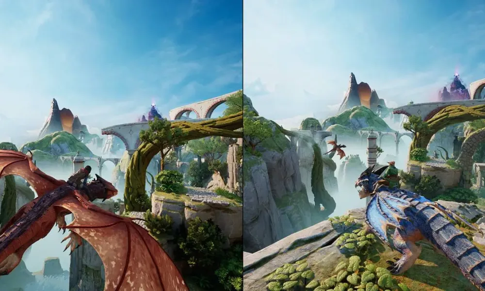 Tela dividida em gameplay de "Split Fiction". Céu azul claro dos dois lados, uma cena de voo em dragão à esquerda e outra vista, em terra, da mesma paisagem.