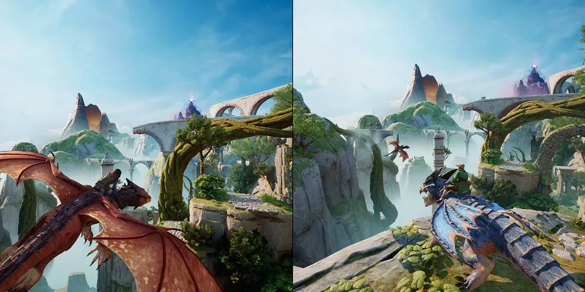 Diretor de “Wicked” Pode Dirigir “Split Fiction”, que Será Estrelado por Sydney Sweeney Tela dividida em gameplay de "Split Fiction". Céu azul claro dos dois lados, uma cena de voo em dragão à esquerda e outra vista, em terra, da mesma paisagem.