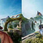 Tela dividida em gameplay de "Split Fiction". Céu azul claro dos dois lados, uma cena de voo em dragão à esquerda e outra vista, em terra, da mesma paisagem.