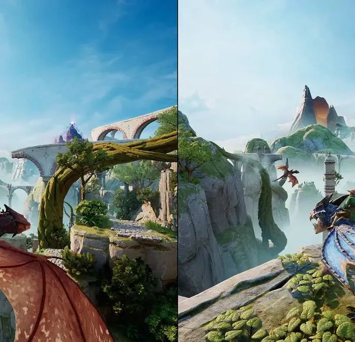 Tela dividida em gameplay de "Split Fiction". Céu azul claro dos dois lados, uma cena de voo em dragão à esquerda e outra vista, em terra, da mesma paisagem.