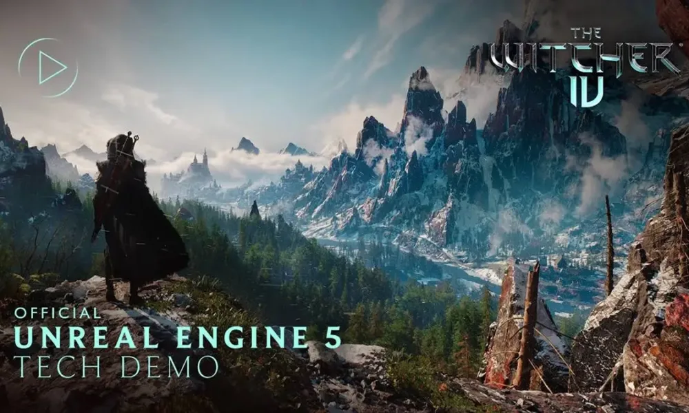 Thumbnail de vídeo de demonstração de gameplay de "The Witcher 4", ainda em fases iniciais. Ciri, nova aprendiz de Geralt, observa uma paisagem montanhosa, arborizada e paradisíaca.