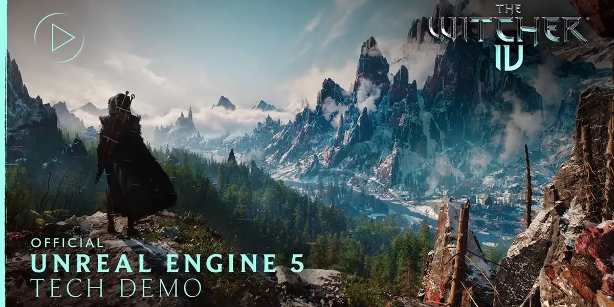 Thumbnail de vídeo de demonstração de gameplay de "The Witcher 4", ainda em fases iniciais. Ciri, nova aprendiz de Geralt, observa uma paisagem montanhosa, arborizada e paradisíaca.