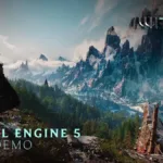 Thumbnail de vídeo de demonstração de gameplay de "The Witcher 4", ainda em fases iniciais. Ciri, nova aprendiz de Geralt, observa uma paisagem montanhosa, arborizada e paradisíaca.