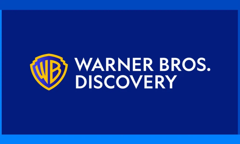 Logo do conglomerado Warner Bros. Discovery, com fundo azul escuro e moldura em tom mais claro.