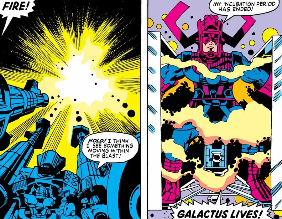 Quarteto Fantástico | Por que Galactus Come Planetas? 4 Dois painéis de "Clássicos de Supervilões (1983) #1" com o primeiro com uma explosão gigante em clarão, o segundo com a figura de Galactus.