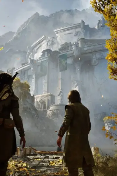 Echoes Of The End | Trailer Tem 17 Minutos e Gameplay Limpa Ryn e seu parceiro Abram Finlay de costas em uma paisagem com árvores douradas ao redor e diante de uma paisagem com uma construção em arquitetura no estilo clássico meio a uma cadeina montanhosa, de dia, no jogo "Echoes of the End".