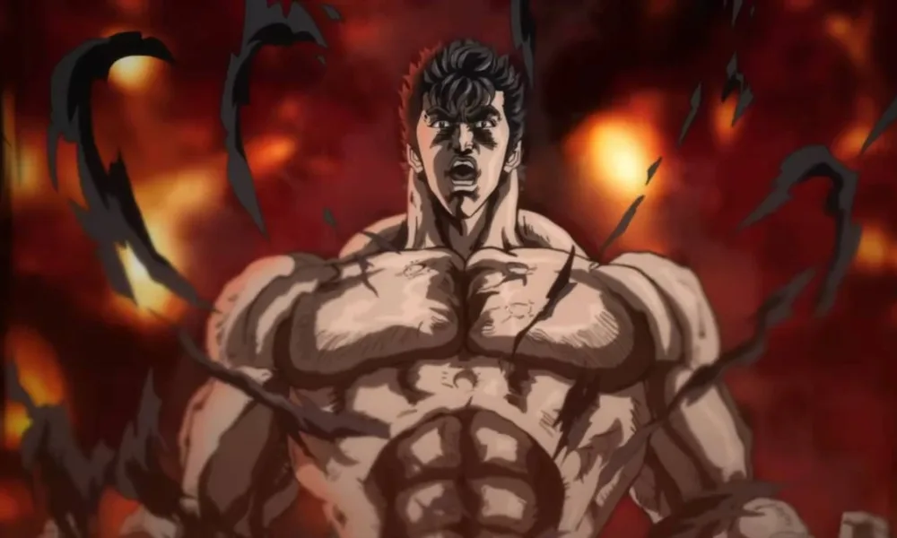 Kenshirou de "Hokuto no Ken" no remake de 2026 em anime. Imagem do quadril para cima, personagem sem camisa, em uma paisagem infernal toda vermelha.