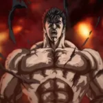 Kenshirou de "Hokuto no Ken" no remake de 2026 em anime. Imagem do quadril para cima, personagem sem camisa, em uma paisagem infernal toda vermelha.