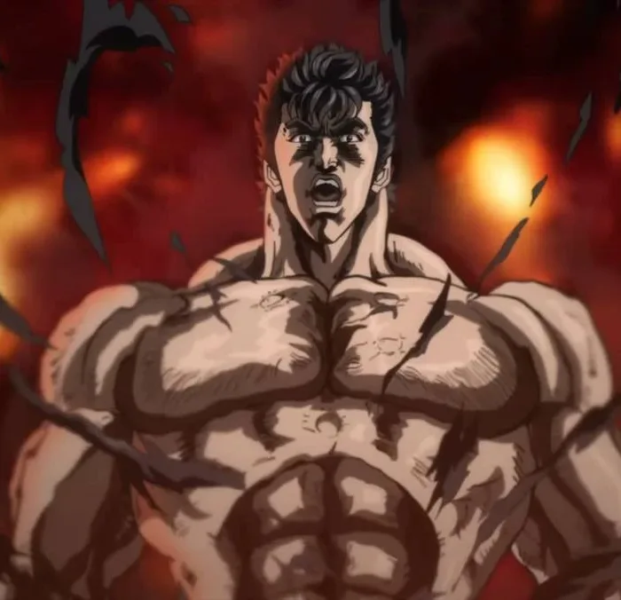 Kenshirou de "Hokuto no Ken" no remake de 2026 em anime. Imagem do quadril para cima, personagem sem camisa, em uma paisagem infernal toda vermelha.