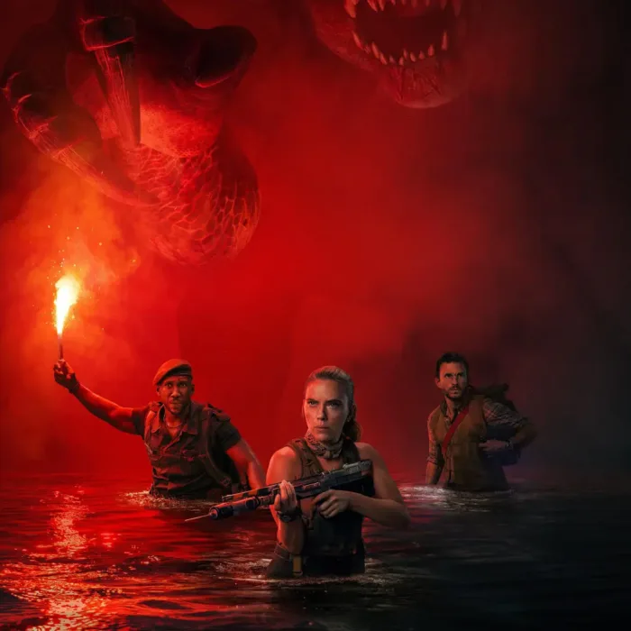 Scarlett Johansson, Mahershala Ali e Jonathan Bailey em Jurassic World: Recomeço