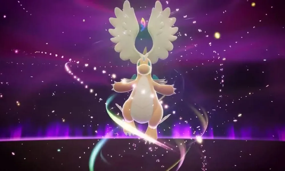 Mega Dragonite recém-evoluído, com asas na cabeça lembrando a forma de um Dragonair. Ele está em um fundo roxo e cercado de energia mega.