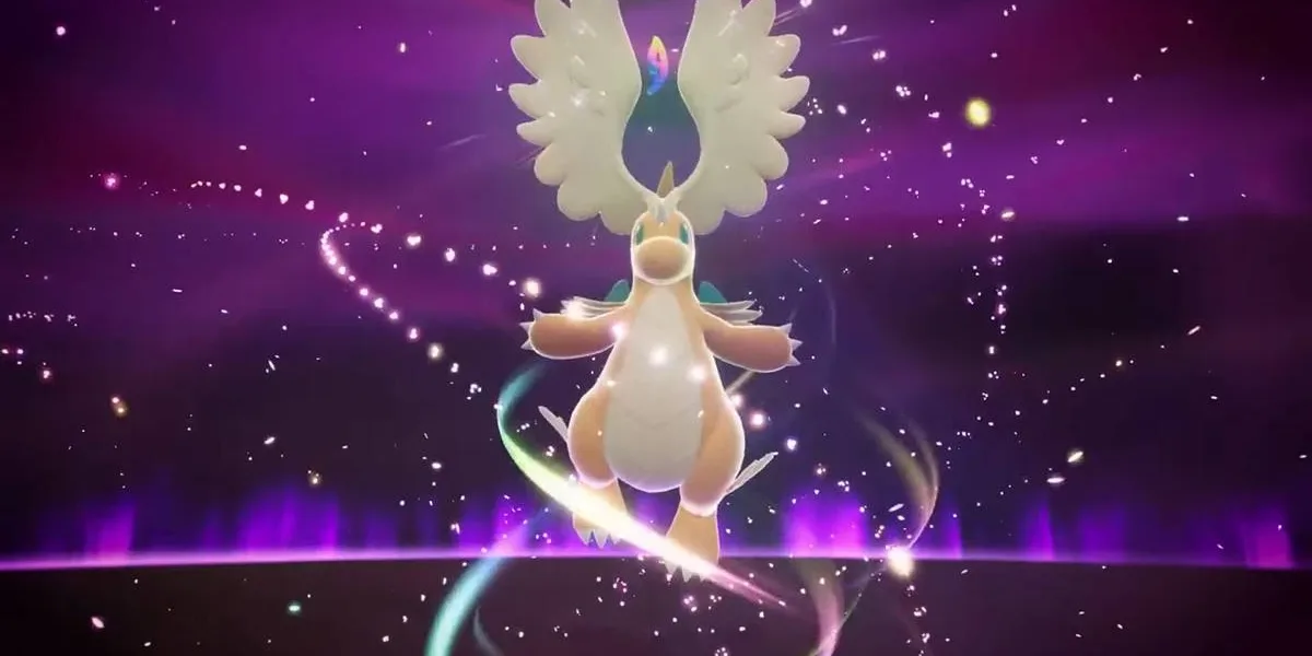 Pokémon Legends: Z-A | Mega Dragonite e Mais em Novo Trailer Mega Dragonite recém-evoluído, com asas na cabeça lembrando a forma de um Dragonair. Ele está em um fundo roxo e cercado de energia mega.