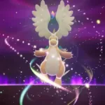 Mega Dragonite recém-evoluído, com asas na cabeça lembrando a forma de um Dragonair. Ele está em um fundo roxo e cercado de energia mega.