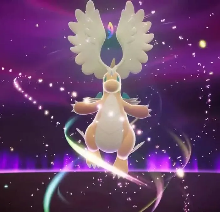 Mega Dragonite recém-evoluído, com asas na cabeça lembrando a forma de um Dragonair. Ele está em um fundo roxo e cercado de energia mega.