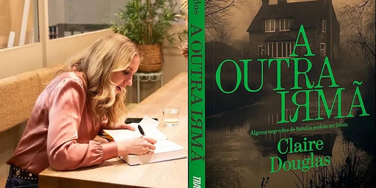 A Outra Irmã | Best-seller Que Promete Fisgar Fãs de Suspense Chega ao Brasil Colagem com duas fotos. À esquerda, autora Claire Douglas assinando livro em sessão de autógrafos, cabeça reclinada, escrevendo, com uma blusa rosa claro de tom neutro e jeans em uma mesa de madeira. À direita capa de seu livro "A Outra Irmã", no Brasil pela Editora Trama.