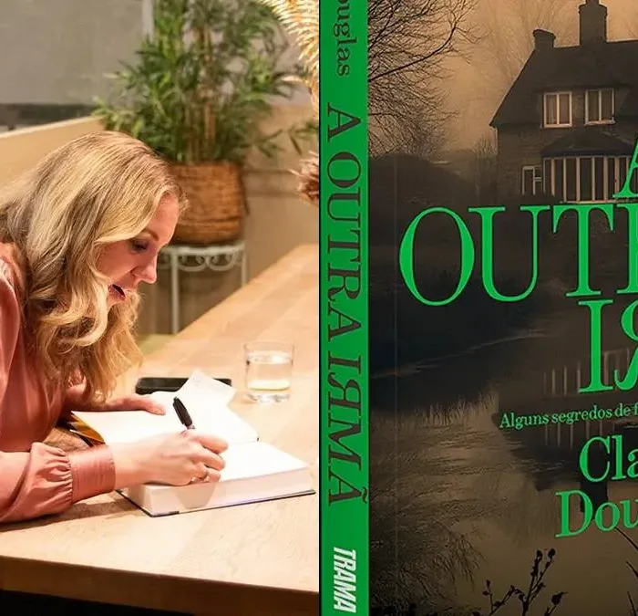 Colagem com duas fotos. À esquerda, autora Claire Douglas assinando livro em sessão de autógrafos, cabeça reclinada, escrevendo, com uma blusa rosa claro de tom neutro e jeans em uma mesa de madeira. À direita capa de seu livro "A Outra Irmã", no Brasil pela Editora Trama.