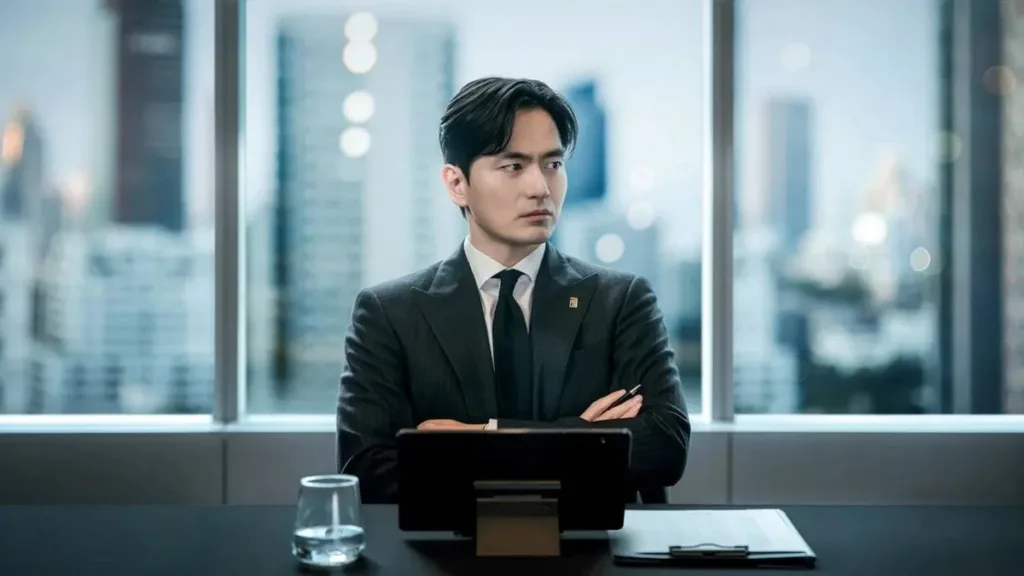 Além do Direito | K-Drama Mais Popular da Netflix Deixa Bem a Desejar 1 Protagonista de "Além do Direito", o ator Lee Jin-uk como Yoon Seok-hoon, de terno e braços cruzados na sua sala no escritório de advocacia. Há uma janela com vista para a cidade atrás dele.