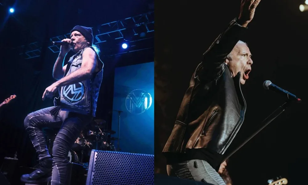 Colagem com fotos de Bruce Dickinson em palco, à esquerda em show solo em Houston, à direita em show do Iron Maiden em Paris.
