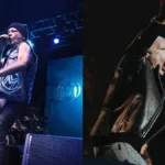 Colagem com fotos de Bruce Dickinson em palco, à esquerda em show solo em Houston, à direita em show do Iron Maiden em Paris.