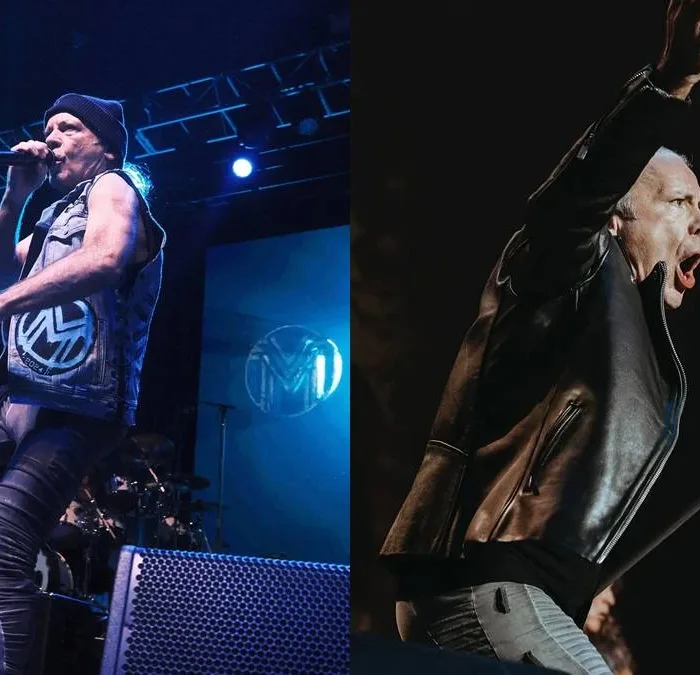 Colagem com fotos de Bruce Dickinson em palco, à esquerda em show solo em Houston, à direita em show do Iron Maiden em Paris.