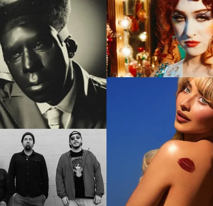 Em sentido horário: capas de Chappell Roan, Sabrina Carpenter, fotografia dos Deftones, e capa de Chromakopia, do Tyler the Creator.