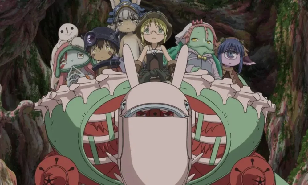 Personagens de Made in Abyss em uma montaria na finale da segunda temporada.