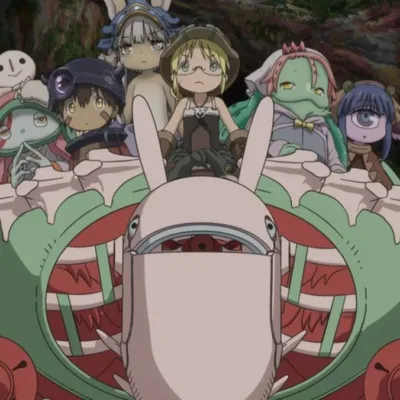 Personagens de Made in Abyss em uma montaria na finale da segunda temporada.
