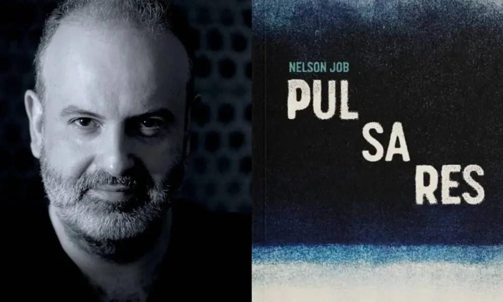 Colagem com fotografia de Nelson Job em preto e branco, e à direita capa de seu terceiro romance do universo Druam, "Pulsares'.
