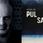 Colagem com fotografia de Nelson Job em preto e branco, e à direita capa de seu terceiro romance do universo Druam, "Pulsares'.
