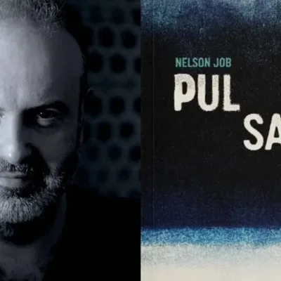 Pulsares | Ficção Brasileira e o Dilema da Ruptura Colagem com fotografia de Nelson Job em preto e branco, e à direita capa de seu terceiro romance do universo Druam, "Pulsares'.