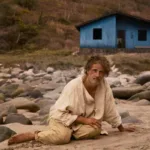 Rodrigo Santoro como Crisóstomo, protagonista do longa "O Filho de Mil Homens", destaque da Mostra Internacional de Cinema de São Paulo de 2025. Ele está maltrapilho, roupas bege, sentado/caído no chão arenoso e com pedras ao fundo. Há uma paisagem com grama em tons marrom ao fundo e uma casinha azul.