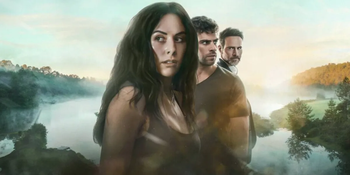 Pecados Inconfessáveis | Muita Pegação, Manipulação e Armadilhas na Nova Série da Netflix Que Está Dando o Que Falar Protagonistas de "Pecados Inconfessáveis" da Netflix em paisagem paradisíaca da série. Seus bustos estão em destaque na paisagem, com a protagonista e o mocinho atrás dela olhando para direções opostas, e Erik, o marido da protagonista, encarando o mocinho.